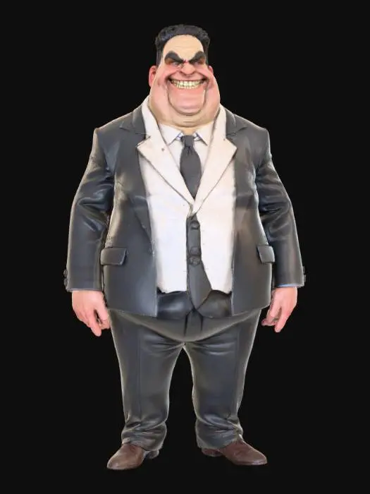 3D model for A short, stocky, and round man with a noticeably bulging belly, barely contained within a dark, ill-fitted suit that sags at the shoulders and wrinkles around the waist. His clothing appears unkempt, with creases and possibly loose threads. His broad face is dominated by a wide, sinister grin that reveals too many teeth, and his short, unkempt hair adds to his sloppy appearance. His posture is somewhat slumped, suggesting a lack of care despite his formal attire., #villain#