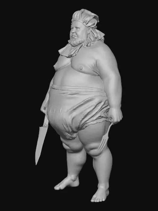 3D model for A large, rotund man with a very ample physique, his pale skin visible. He wears only an oversized, crinkled white diaper, a soft, frilly bonnet tied under his chin, and a stained bib, all made of soft, slightly damp fabric. His wide mouth is agape, with remnants of thick, gooey food dripping from his chin, appearing viscous and textured. In his right hand, he firmly grasps a large, gleaming butcher knife with a dark, sturdy handle, and in his left, a smaller, silver fork, both appearing cold and metallic., #villain#