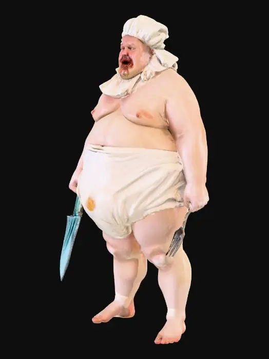 3D model for A large, rotund man with a very ample physique, his pale skin visible. He wears only an oversized, crinkled white diaper, a soft, frilly bonnet tied under his chin, and a stained bib, all made of soft, slightly damp fabric. His wide mouth is agape, with remnants of thick, gooey food dripping from his chin, appearing viscous and textured. In his right hand, he firmly grasps a large, gleaming butcher knife with a dark, sturdy handle, and in his left, a smaller, silver fork, both appearing cold and metallic., #villain#