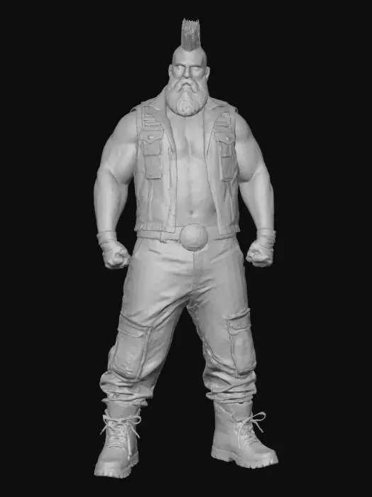 3D model for A massive, imposing biker, with a heavily muscled, broad-shouldered physique. His head is crowned with a vibrant, spiky Mohawk hairstyle. Extensive, colorful tattoos cover his brawny arms and neck, depicting intricate, aggressive designs. He wears a thick, worn leather vest adorned with various patches and metallic studs, revealing his powerful chest. His face is rugged and stern, framed by a thick beard, giving him an unmistakable, intimidating presence. The textures are a mix of weathered leather, coarse hair, and smooth, tattooed skin., #villain#