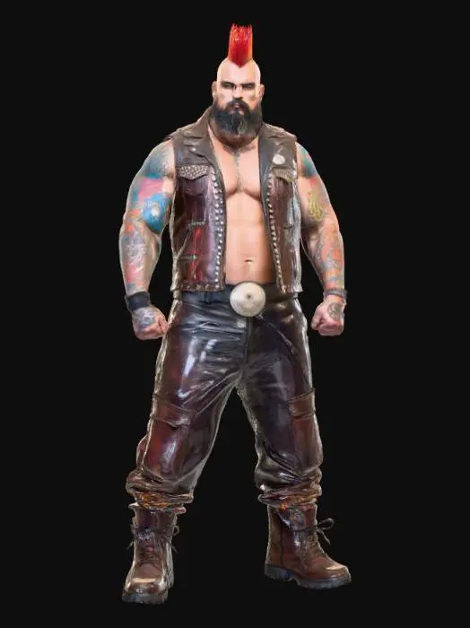3D model for A massive, imposing biker, with a heavily muscled, broad-shouldered physique. His head is crowned with a vibrant, spiky Mohawk hairstyle. Extensive, colorful tattoos cover his brawny arms and neck, depicting intricate, aggressive designs. He wears a thick, worn leather vest adorned with various patches and metallic studs, revealing his powerful chest. His face is rugged and stern, framed by a thick beard, giving him an unmistakable, intimidating presence. The textures are a mix of weathered leather, coarse hair, and smooth, tattooed skin., #villain#