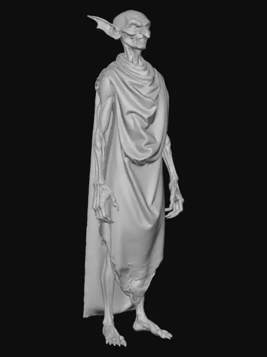 3D model for , #villain#An emaciated and gaunt figure, this Nosferatu possesses extremely pale, almost translucent skin stretched taut over sharp, angular bones, giving it a dry, papery texture. Its head is largely bald with a receding hairline, emphasizing prominent brow ridges and large, bat-like ears. Deeply sunken eyes gleam with an ancient, dark intensity, set above a long, pointed nose and a mouth featuring distinctive, elongated incisors. Its posture is stooped and unnaturally rigid, clothed in dark, heavy fabric that appears coarse and well-worn. The hands are particularly striking, with long, bony fingers ending in sharp, claw-like nails.