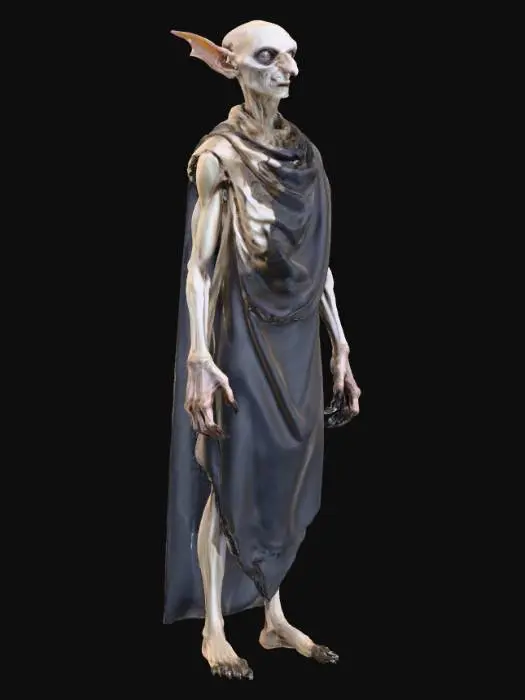 3D model for , #villain#An emaciated and gaunt figure, this Nosferatu possesses extremely pale, almost translucent skin stretched taut over sharp, angular bones, giving it a dry, papery texture. Its head is largely bald with a receding hairline, emphasizing prominent brow ridges and large, bat-like ears. Deeply sunken eyes gleam with an ancient, dark intensity, set above a long, pointed nose and a mouth featuring distinctive, elongated incisors. Its posture is stooped and unnaturally rigid, clothed in dark, heavy fabric that appears coarse and well-worn. The hands are particularly striking, with long, bony fingers ending in sharp, claw-like nails.