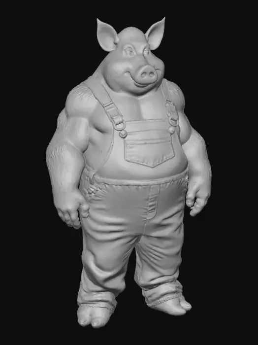 3D model for A colossal pig-man, standing at an immense height with a robust, muscular build. His head is distinctly porcine, featuring a broad, flattened snout, small, alert eyes, and large, upright ears. Thick, bristly fur, coarse and reddish-brown, covers his skin. He wears durable, oversized denim overalls, faded and slightly torn in places, with large brass buckles. The fabric of the overalls appears thick and sturdy, contrasting with his rough, textured skin, giving him a powerful, somewhat rustic presence., #villain#
