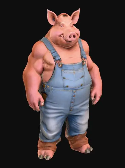 3D model for A colossal pig-man, standing at an immense height with a robust, muscular build. His head is distinctly porcine, featuring a broad, flattened snout, small, alert eyes, and large, upright ears. Thick, bristly fur, coarse and reddish-brown, covers his skin. He wears durable, oversized denim overalls, faded and slightly torn in places, with large brass buckles. The fabric of the overalls appears thick and sturdy, contrasting with his rough, textured skin, giving him a powerful, somewhat rustic presence., #villain#