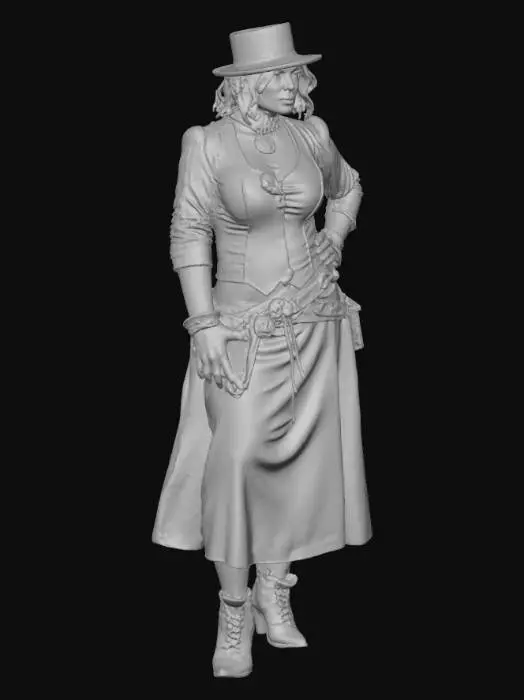 3D model for A curvy steampunk female, clad in a stylish ensemble that accentuates her figure. She wears a form-fitting top of dark, rich leather, detailed with polished brass gears and tiny functional buckles. Her short skirt, made of textured brown tweed, features a subtle asymmetry and a few decorative cogs. Intricate copper piping and visible clockwork mechanisms adorn parts of her outfit. Her posture is confident, blending Victorian elegance with industrial ruggedness, and the materials give a tactile blend of smooth metal, soft fabric, and supple leather., #villain#