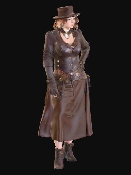 3D model for A curvy steampunk female, clad in a stylish ensemble that accentuates her figure. She wears a form-fitting top of dark, rich leather, detailed with polished brass gears and tiny functional buckles. Her short skirt, made of textured brown tweed, features a subtle asymmetry and a few decorative cogs. Intricate copper piping and visible clockwork mechanisms adorn parts of her outfit. Her posture is confident, blending Victorian elegance with industrial ruggedness, and the materials give a tactile blend of smooth metal, soft fabric, and supple leather., #villain#