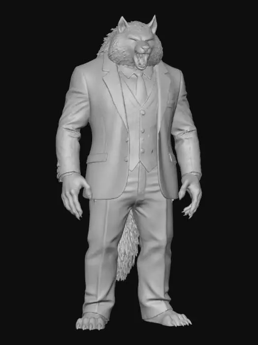 3D model for A towering werewolf, hunched slightly, is impeccably dressed in a tailored, dark charcoal three-piece suit, appearing slightly stretched over its muscular, fur-covered form. The suit fabric is a fine, smooth wool with a subtle woven texture, contrasted by a crisp white shirt and a silk tie. Its hands, tipped with sharp, dark claws, protrude from the cuffs. The coarse, dark brown fur of its face and exposed neck is matted and slightly bristly, framing glowing yellow eyes and a snarling, fanged maw. The overall impression is one of restrained ferocity within formal attire., #villain#