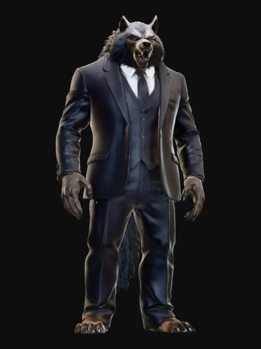 3D model for A towering werewolf, hunched slightly, is impeccably dressed in a tailored, dark charcoal three-piece suit, appearing slightly stretched over its muscular, fur-covered form. The suit fabric is a fine, smooth wool with a subtle woven texture, contrasted by a crisp white shirt and a silk tie. Its hands, tipped with sharp, dark claws, protrude from the cuffs. The coarse, dark brown fur of its face and exposed neck is matted and slightly bristly, framing glowing yellow eyes and a snarling, fanged maw. The overall impression is one of restrained ferocity within formal attire., #villain#