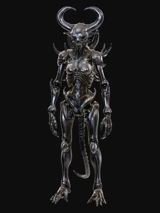 3D model for An imposing, queen figure, grotesquely organic and biomechanical in structure, heavily inspired by H.R. Giger's aesthetic. Its elongated limbs and sharply articulated exoskeleton are made of dark, slick chitin, hinting at a metallic luster. The surface is rich with intricate, sinuous textures, resembling fused bone and intricate wiring, in deep charcoal and muted silver tones. Its posture is one of predatory, silent menace, with sharp, rigid edges suggesting a cold, hard tactile quality., #villain#