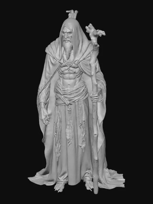 3D model for An ancient evil witch, her gaunt frame draped in tattered, heavy robes of dark, rough-spun fabric that appear almost fused to her twisted form. Her skin is withered and pallid, etched with deep wrinkles, and her eyes are sunken and glint with malice. A gnarled staff of dark, petrified wood, intricately carved with unsettling symbols, serves as her support. The textures are coarse and uneven, from her brittle hair to the rough cloth, evoking a dry, cold tactile feel, while her hunched posture radiates an aura of sinister power., #villain#
