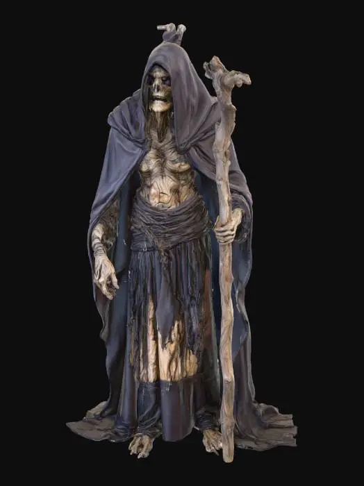 3D model for An ancient evil witch, her gaunt frame draped in tattered, heavy robes of dark, rough-spun fabric that appear almost fused to her twisted form. Her skin is withered and pallid, etched with deep wrinkles, and her eyes are sunken and glint with malice. A gnarled staff of dark, petrified wood, intricately carved with unsettling symbols, serves as her support. The textures are coarse and uneven, from her brittle hair to the rough cloth, evoking a dry, cold tactile feel, while her hunched posture radiates an aura of sinister power., #villain#