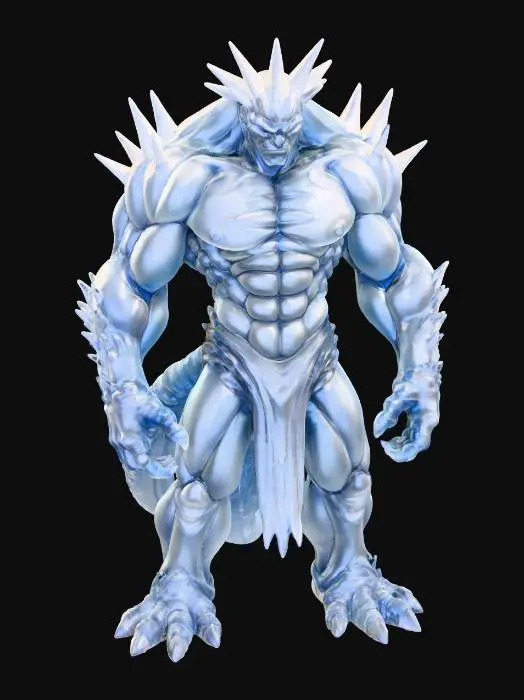3D model for An imposing male creature, sculpted entirely from solid, crystalline ice. Its powerful physique displays chiseled musculature and sharp, angular forms, with jagged shards defining its shoulders and extremities. The translucent material ranges from milky white to a deep, glacial blue, reflecting light with a hard, brilliant sparkle. Its surface appears smooth but hints at a fractured, cold texture, emanating an aura of extreme cold, with subtle internal cracks and frozen bubbles visible within its frosty structure., #villain#