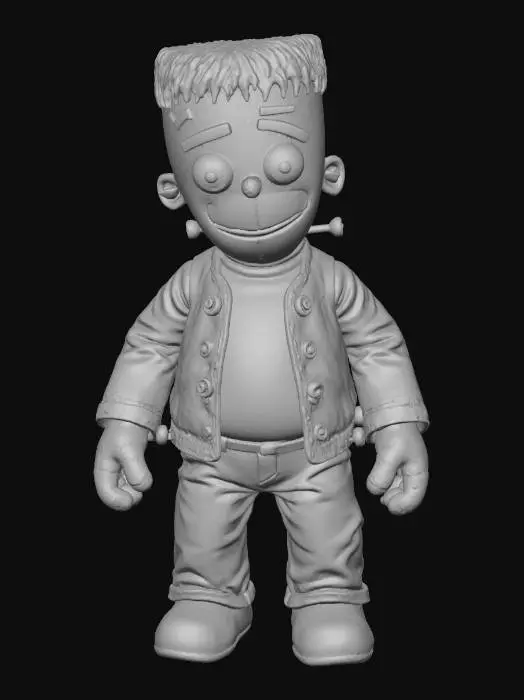 3D model for A charming, plush Frankenstein monster featuring a chunky, lovable build with an oversized head and large, innocent eyes. Its soft, stitched body is a patchwork of muted green and grey fabric, held together by visible, contrasting yarn stitches that add to its endearing appeal. Small, dull, rounded bolts protrude harmlessly from its neck, complementing its gently smiling, stitched mouth. The overall texture suggests a huggable, slightly worn toy, with a clumsy yet friendly posture., #villain#
