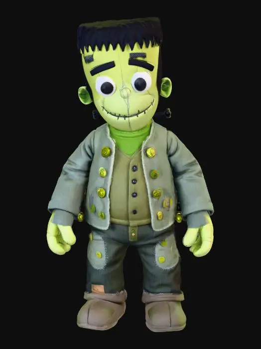 3D model for A charming, plush Frankenstein monster featuring a chunky, lovable build with an oversized head and large, innocent eyes. Its soft, stitched body is a patchwork of muted green and grey fabric, held together by visible, contrasting yarn stitches that add to its endearing appeal. Small, dull, rounded bolts protrude harmlessly from its neck, complementing its gently smiling, stitched mouth. The overall texture suggests a huggable, slightly worn toy, with a clumsy yet friendly posture., #villain#