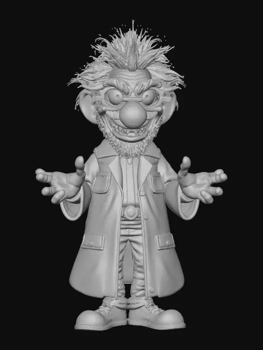 3D model for An eccentric mad scientist with wildly disheveled, spiky grey hair that stands on end, framed by thick, fogged spectacles perched precariously on his nose. His gaunt face is perpetually contorted into an exaggerated, maniacal grin, revealing a few gold teeth. He wears a perpetually stained, oversized white lab coat, singed and frayed at the edges, with numerous pockets bulging with mysterious gadgets. His hunched, frantic posture and long, gesticulating fingers add to his over-the-top, slightly deranged persona., #villain#