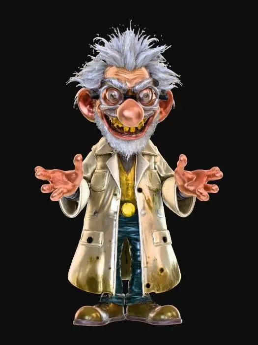 3D model for An eccentric mad scientist with wildly disheveled, spiky grey hair that stands on end, framed by thick, fogged spectacles perched precariously on his nose. His gaunt face is perpetually contorted into an exaggerated, maniacal grin, revealing a few gold teeth. He wears a perpetually stained, oversized white lab coat, singed and frayed at the edges, with numerous pockets bulging with mysterious gadgets. His hunched, frantic posture and long, gesticulating fingers add to his over-the-top, slightly deranged persona., #villain#