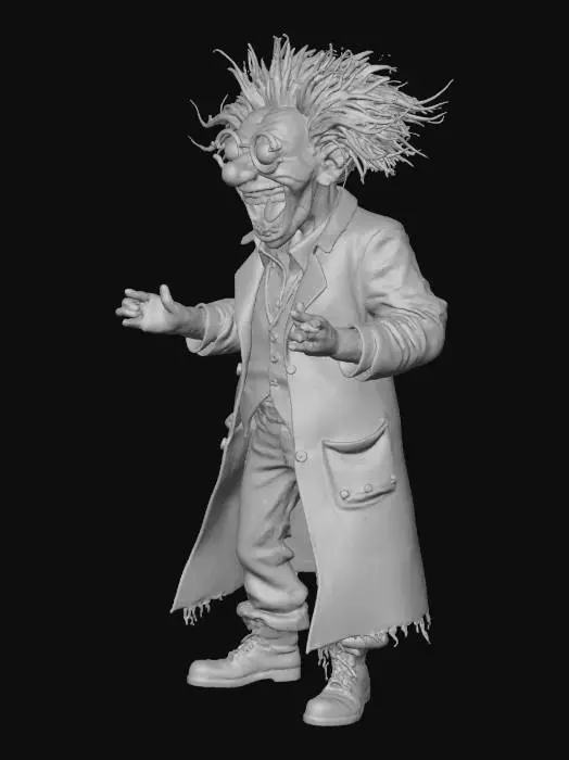 3D model for An eccentric mad scientist with wildly disheveled, spiky grey hair that stands on end, framed by thick, fogged spectacles perched precariously on his nose. His gaunt face is perpetually contorted into an exaggerated, maniacal grin, revealing a few gold teeth. He wears a perpetually stained, oversized white lab coat, singed and frayed at the edges, with numerous pockets bulging with mysterious gadgets. His hunched, frantic posture and long, gesticulating fingers add to his over-the-top, slightly deranged persona., #villain#