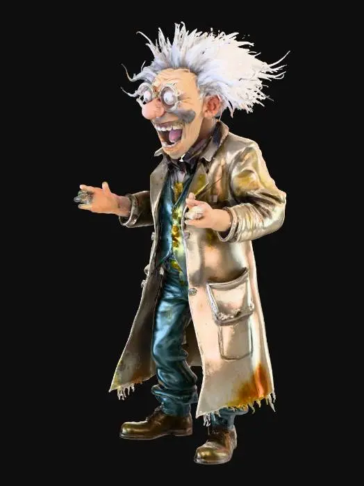 3D model for An eccentric mad scientist with wildly disheveled, spiky grey hair that stands on end, framed by thick, fogged spectacles perched precariously on his nose. His gaunt face is perpetually contorted into an exaggerated, maniacal grin, revealing a few gold teeth. He wears a perpetually stained, oversized white lab coat, singed and frayed at the edges, with numerous pockets bulging with mysterious gadgets. His hunched, frantic posture and long, gesticulating fingers add to his over-the-top, slightly deranged persona., #villain#