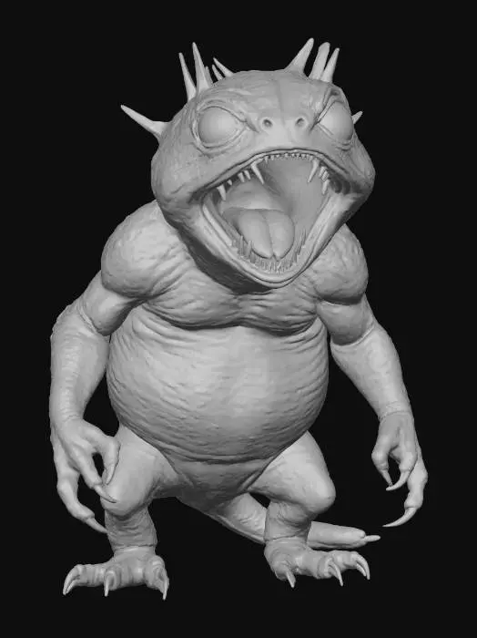 3D model for A small, round creature with a bulbous, disproportionate body, giving it an unsettling, almost malformed appearance. Its thick, warty skin is a sickly greenish-gray, offering a rough, clammy texture to the touch. Two tiny, stubby arms end in sharp, dark claws, and equally short, thick legs barely support its rotund form. Its face is dominated by a wide, snarling mouth filled with jagged, discolored teeth, while small, beady red eyes glint menacingly from above.