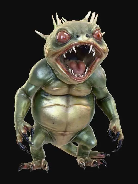3D model for A small, round creature with a bulbous, disproportionate body, giving it an unsettling, almost malformed appearance. Its thick, warty skin is a sickly greenish-gray, offering a rough, clammy texture to the touch. Two tiny, stubby arms end in sharp, dark claws, and equally short, thick legs barely support its rotund form. Its face is dominated by a wide, snarling mouth filled with jagged, discolored teeth, while small, beady red eyes glint menacingly from above.