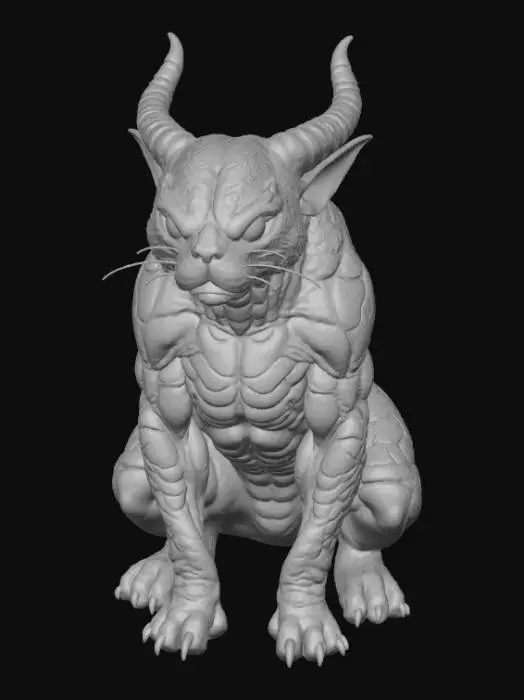 3D model for An infernal demonic cat, its muscular body covered in hardened, dark red scales that possess a metallic sheen and a rough, abrasive texture. Cracks across its scales glow with internal molten orange light, hinting at a volcanic core. Its powerful limbs end in large, obsidian claws, and its head features prominent, curving horns of polished black rock, giving it a formidable, almost dragon-like appearance.