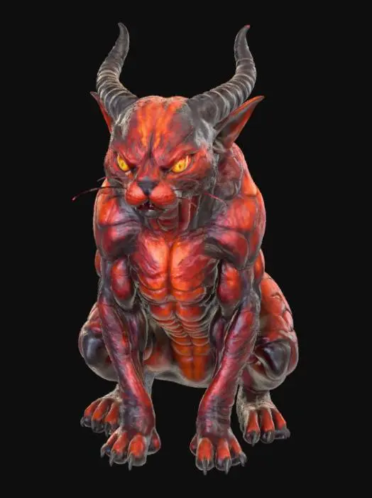 3D model for An infernal demonic cat, its muscular body covered in hardened, dark red scales that possess a metallic sheen and a rough, abrasive texture. Cracks across its scales glow with internal molten orange light, hinting at a volcanic core. Its powerful limbs end in large, obsidian claws, and its head features prominent, curving horns of polished black rock, giving it a formidable, almost dragon-like appearance.