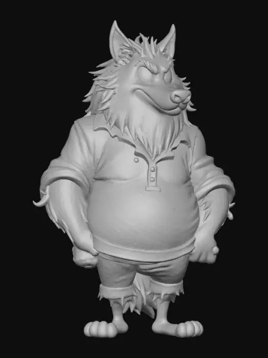 3D model for A shaggy cartoon Wolf Man, covered in thick, stylized tufts of brown-grey fur that appear soft and fluffy, rather than menacing. Its snout is comically elongated, with a big, wet black nose, and its large, expressive eyes are a warm yellow. Tattered remnants of a bright blue shirt cling to its powerful, hunched form, with ripped edges exposing its cartoonishly dense fur texture., #Halloween2025#