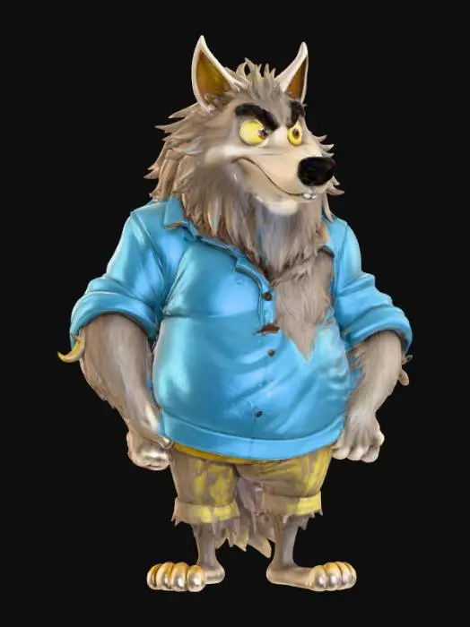 3D model for A shaggy cartoon Wolf Man, covered in thick, stylized tufts of brown-grey fur that appear soft and fluffy, rather than menacing. Its snout is comically elongated, with a big, wet black nose, and its large, expressive eyes are a warm yellow. Tattered remnants of a bright blue shirt cling to its powerful, hunched form, with ripped edges exposing its cartoonishly dense fur texture., #Halloween2025#