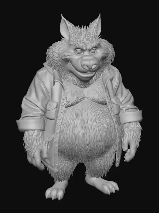 3D model for A portly, shaggy cartoon Wolf Man, his wide, round body covered in thick, matted brown and grey fur that appears coarse and slightly dishevelled. His broad, jowly face features prominent, bushy eyebrows, a rounded snout, and two small, glinting eyes, hinting at mischievousness. He wears a torn, ill-fitting green flannel shirt that barely stretches over his expansive chest, the fabric looking rough and worn, enhancing his cuddly, beastly charm., #Halloween2025#