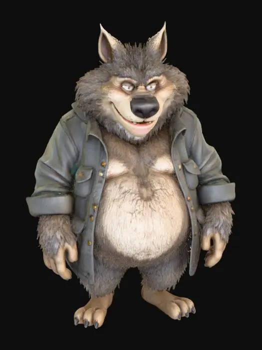 3D model for A portly, shaggy cartoon Wolf Man, his wide, round body covered in thick, matted brown and grey fur that appears coarse and slightly dishevelled. His broad, jowly face features prominent, bushy eyebrows, a rounded snout, and two small, glinting eyes, hinting at mischievousness. He wears a torn, ill-fitting green flannel shirt that barely stretches over his expansive chest, the fabric looking rough and worn, enhancing his cuddly, beastly charm., #Halloween2025#