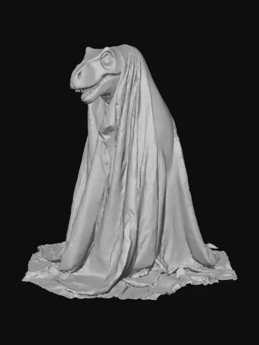 3D model for A playful T-Rex covered almost entirely by a huge, billowing white sheet, transforming it into an oversized ghost. Two jagged eyeholes are cut out, allowing its fierce but amused gaze to peek through. The sheet, made of lightweight, crinkly cotton, drapes over its massive body, creating an ethereal, floating effect despite its immense weight. The simple, classic costume adds a touch of endearing clumsiness to the otherwise fearsome predator., #Halloween2025#