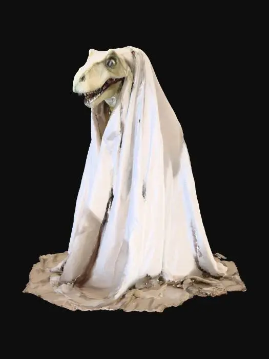 3D model for A playful T-Rex covered almost entirely by a huge, billowing white sheet, transforming it into an oversized ghost. Two jagged eyeholes are cut out, allowing its fierce but amused gaze to peek through. The sheet, made of lightweight, crinkly cotton, drapes over its massive body, creating an ethereal, floating effect despite its immense weight. The simple, classic costume adds a touch of endearing clumsiness to the otherwise fearsome predator., #Halloween2025#