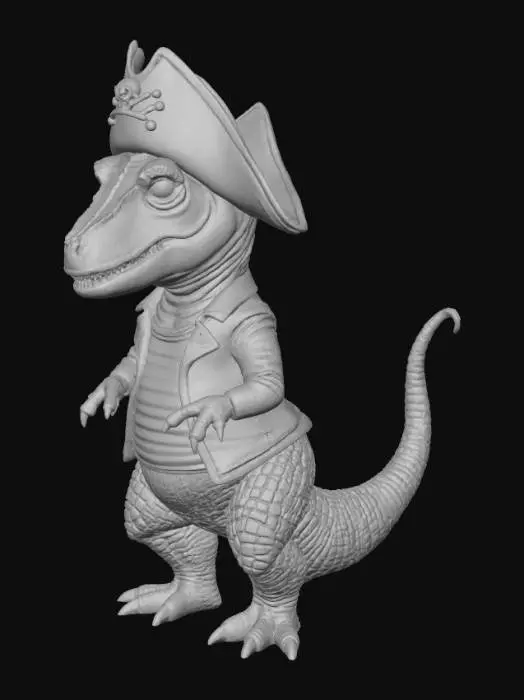 3D model for A colossal Tyrannosaurus Rex transformed into a swashbuckling pirate. Its massive head sports a tattered, dark red tricorne hat, made of weathered faux leather, with a skull-and-crossbones emblem. A black fabric eye patch covers one menacing eye. A sleeveless, horizontally striped black and white cotton shirt barely covers its enormous torso, showcasing its scaly, green-brown skin, while a chunky plastic hook replaces one of its tiny arms, adding to its rough and adventurous demeanor.Halloween2025#