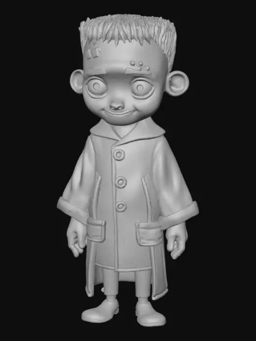 3D model for A stylized cartoon Frankenstein's Monster, built from distinct, mismatched blocks of grey-green flesh, each section outlined with bold, prominent black stitches giving it a patchwork texture. Its head is rectangular, topped with a flat, dark haircut, and its eyes are wide, innocent circles. It wears an oversized, simple purple tunic made of a thick, coarse-looking fabric, accentuating its sturdy, almost toy-like structure., #Halloween2025#