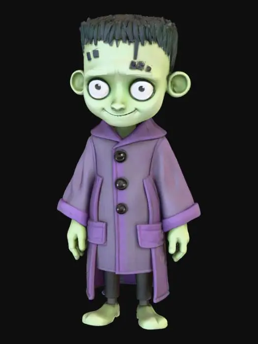 3D model for A stylized cartoon Frankenstein's Monster, built from distinct, mismatched blocks of grey-green flesh, each section outlined with bold, prominent black stitches giving it a patchwork texture. Its head is rectangular, topped with a flat, dark haircut, and its eyes are wide, innocent circles. It wears an oversized, simple purple tunic made of a thick, coarse-looking fabric, accentuating its sturdy, almost toy-like structure., #Halloween2025#