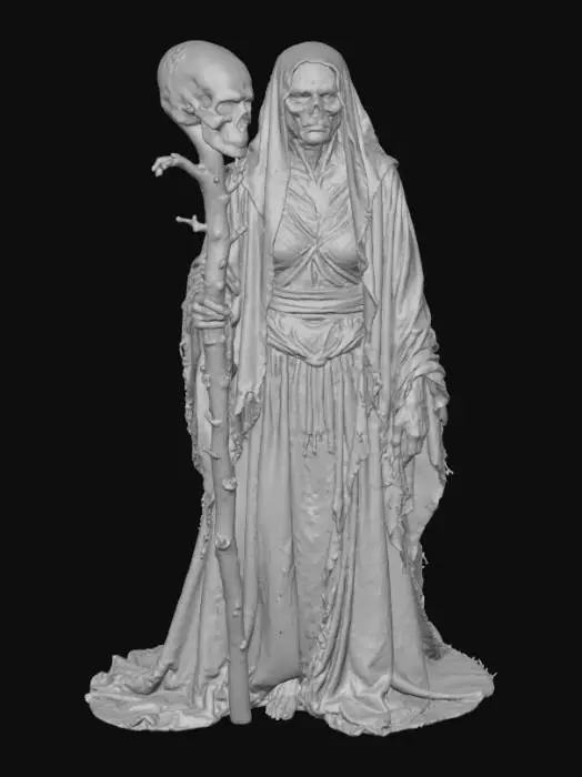 3D model for A withered evil sorceress, her gaunt frame encased in tattered, rust-brown and faded crimson fabrics that cling to her like decaying skin, featuring a rough, moth-eaten texture. Her face is a tapestry of deep wrinkles, with skin like parchment stretched over sharp bone, and hollow, dark eyes that burn with a cold, malevolent intelligence. She wields a staff of gnarled, dark wood, topped with a skull of an unknown beast., #Halloween2025#