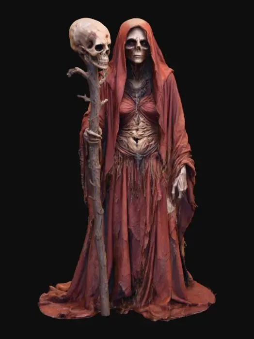 3D model for A withered evil sorceress, her gaunt frame encased in tattered, rust-brown and faded crimson fabrics that cling to her like decaying skin, featuring a rough, moth-eaten texture. Her face is a tapestry of deep wrinkles, with skin like parchment stretched over sharp bone, and hollow, dark eyes that burn with a cold, malevolent intelligence. She wields a staff of gnarled, dark wood, topped with a skull of an unknown beast., #Halloween2025#