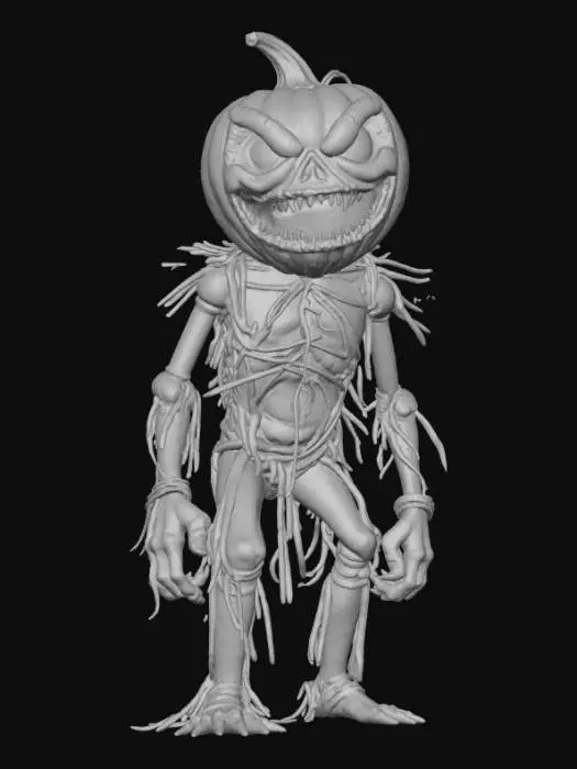 3D model for A grotesque, monstrous scarecrow, its body a distorted mass of bulging, rotting gourds and twisted vines, creating a wet, pulpy texture. Its head is a deformed, snarling pumpkin with too many sharp, discolored teeth, and eyes that glow with an unhealthy green light. It's adorned with rusted, sharp metal shards and desiccated bird carcasses, exuding an aura of macabre horror., #Halloween2025#