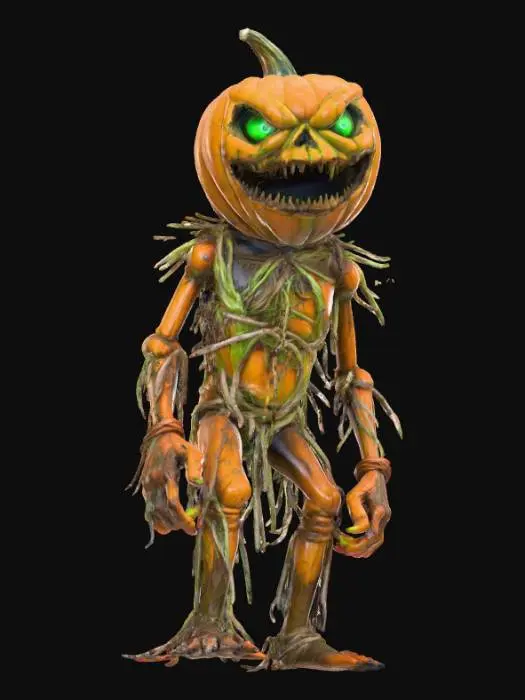 3D model for A grotesque, monstrous scarecrow, its body a distorted mass of bulging, rotting gourds and twisted vines, creating a wet, pulpy texture. Its head is a deformed, snarling pumpkin with too many sharp, discolored teeth, and eyes that glow with an unhealthy green light. It's adorned with rusted, sharp metal shards and desiccated bird carcasses, exuding an aura of macabre horror., #Halloween2025#