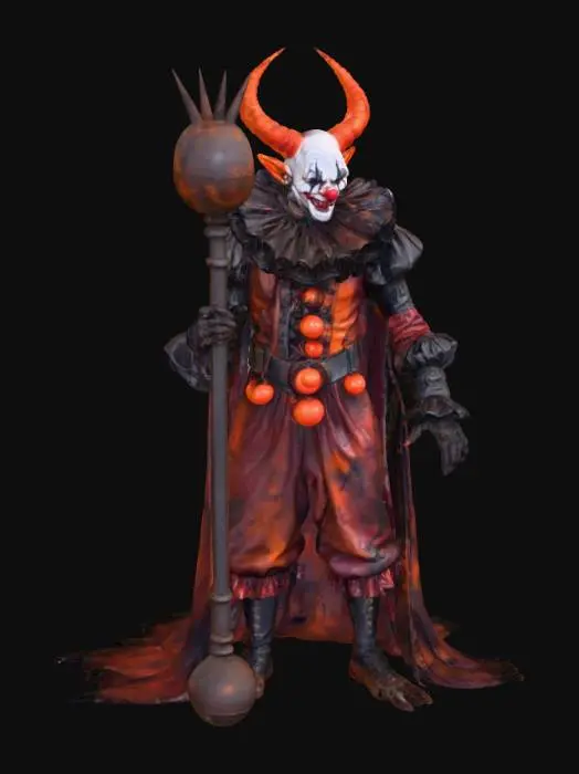 3D model for An infernal demonic clown, with a leathery, scarred face painted in harsh black and fiery orange, resembling burnt flesh. Its eyes glow with an inner, smoldering ember. It wears a shredded, bell-bottomed costume of metallic, dark crimson leather that shimmers menacingly, adorned with sharp, rusted metal bells that clang ominously. Its skeletal hands clutch a large, spiked mallet., #Halloween2025#