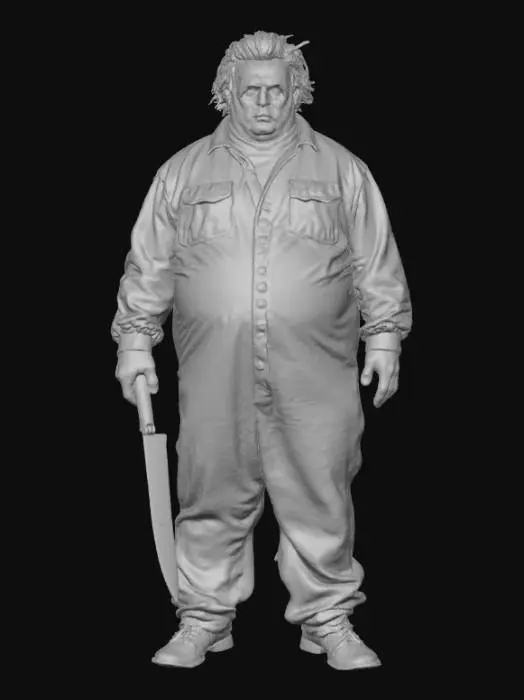 3D model for A disturbingly portly Michael Myers, his immense girth straining the seams of his signature dark blue coveralls, now stretched and faded, revealing faint oil stains. His classic, expressionless white rubber mask, once stark, now appears bloated and oddly misshapen over a swollen head, giving his vacant gaze an even more unsettling, unnerving quality. He grips a large, glinting kitchen knife, its polished steel blade contrasting sharply with his grimy appearance., #Halloween2025#