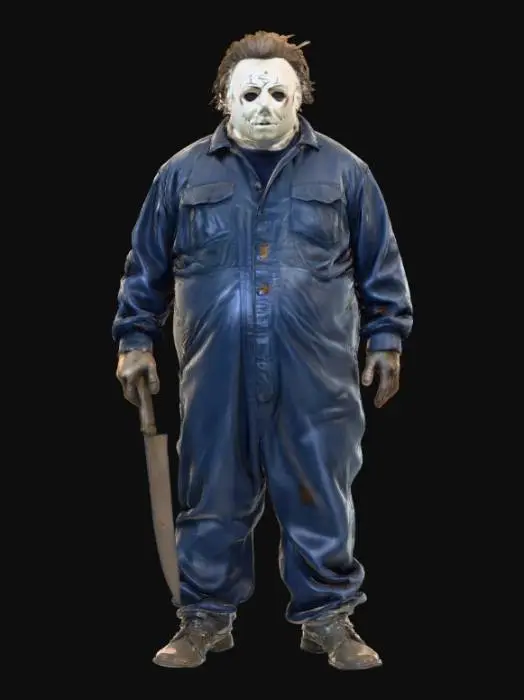 3D model for A disturbingly portly Michael Myers, his immense girth straining the seams of his signature dark blue coveralls, now stretched and faded, revealing faint oil stains. His classic, expressionless white rubber mask, once stark, now appears bloated and oddly misshapen over a swollen head, giving his vacant gaze an even more unsettling, unnerving quality. He grips a large, glinting kitchen knife, its polished steel blade contrasting sharply with his grimy appearance., #Halloween2025#