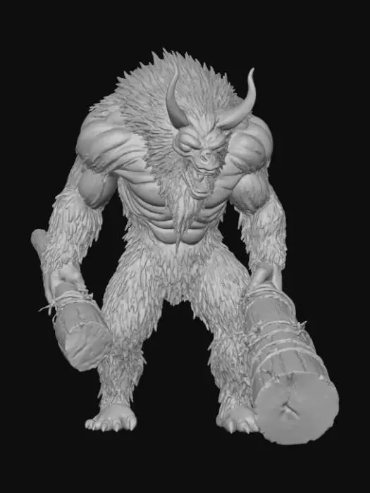 3D model for A hulking, brutish creature, its massive body covered in coarse, matted fur the color of dried blood, punctuated by exposed patches of gnarled, dark grey flesh. Its head is a snarling beast-like mask, fashioned from scavenged animal bones and jagged teeth, with glowing red pinprick eyes. It wields a colossal, blunt object, possibly a reinforced log, wrapped in barbed wire., #Halloween2025#
