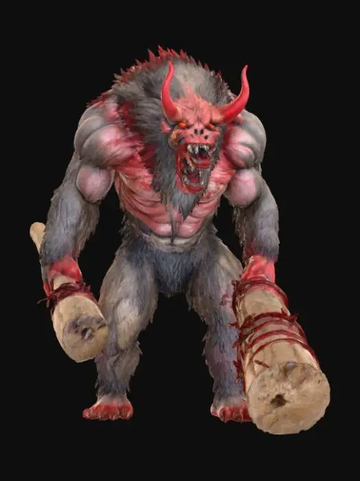 3D model for A hulking, brutish creature, its massive body covered in coarse, matted fur the color of dried blood, punctuated by exposed patches of gnarled, dark grey flesh. Its head is a snarling beast-like mask, fashioned from scavenged animal bones and jagged teeth, with glowing red pinprick eyes. It wields a colossal, blunt object, possibly a reinforced log, wrapped in barbed wire., #Halloween2025#