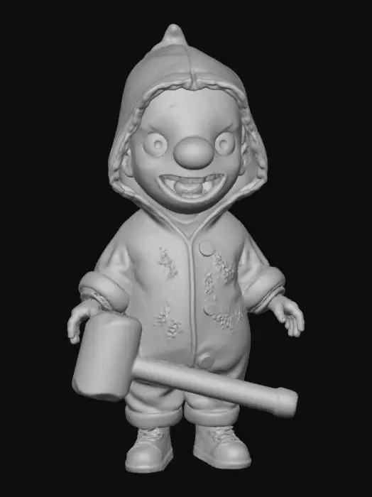 3D model for A small, child-like figure cloaked in an oversized, mud-stained yellow raincoat, its hood pulled low. Beneath the hood, a disturbing, hand-stitched fabric mask depicts a distorted, smiling clown face with mismatched buttons for eyes and a perpetually open, red felt mouth. Its small hands grip a tarnished, oversized toy hammer, its plastic head scratched and scuffed., #Halloween2025#