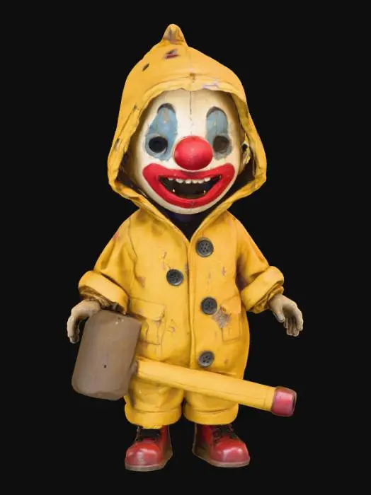 3D model for A small, child-like figure cloaked in an oversized, mud-stained yellow raincoat, its hood pulled low. Beneath the hood, a disturbing, hand-stitched fabric mask depicts a distorted, smiling clown face with mismatched buttons for eyes and a perpetually open, red felt mouth. Its small hands grip a tarnished, oversized toy hammer, its plastic head scratched and scuffed., #Halloween2025#