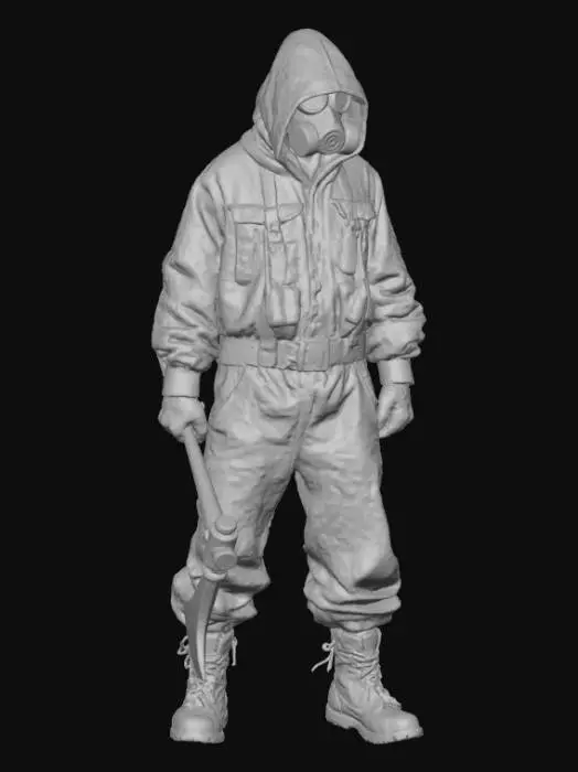 3D model for A  figure shrouded in tattered, dust-covered mining overalls, his face entirely obscured by a heavy, old-fashioned gas mask with dark, clouded eyepieces that reflect no light. In his gloved hands, he grips a well-used, heavy pickaxe, its steel head gleaming ominously, as if recently sharpened, suggesting a purpose far more sinister than digging for ore., #Halloween2025#