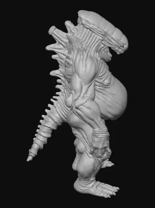 3D model for A grotesquely obese Xenomorph, its typically sleek, biomechanical form now horribly distended and bulbous, with layers of thick, pale grey flesh rippling beneath its normally rigid exoskeleton. Its elongated head, while still retaining the familiar smooth dome, is now ponderously wide and swollen, and its inner jaw, though still present, seems to struggle to extend from the sheer bulk. Its usually agile limbs are thick and heavy, ending in dull, blunted claws, moving with a sludgy, cumbersome gait that belies its inherent deadliness.#Halloween2025#