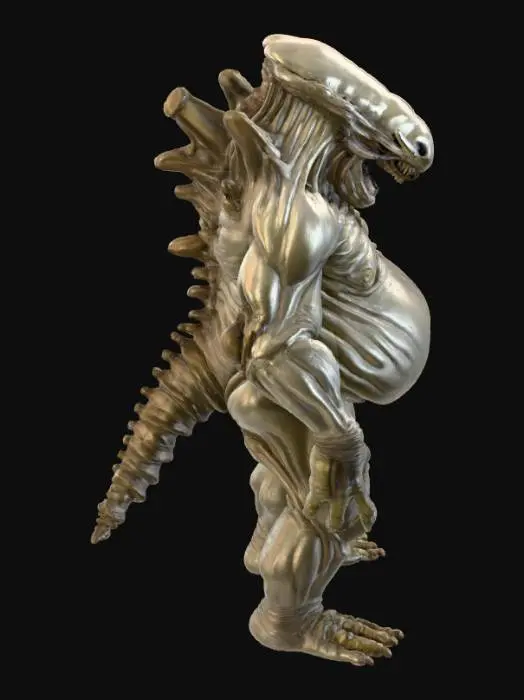 3D model for A grotesquely obese Xenomorph, its typically sleek, biomechanical form now horribly distended and bulbous, with layers of thick, pale grey flesh rippling beneath its normally rigid exoskeleton. Its elongated head, while still retaining the familiar smooth dome, is now ponderously wide and swollen, and its inner jaw, though still present, seems to struggle to extend from the sheer bulk. Its usually agile limbs are thick and heavy, ending in dull, blunted claws, moving with a sludgy, cumbersome gait that belies its inherent deadliness.#Halloween2025#